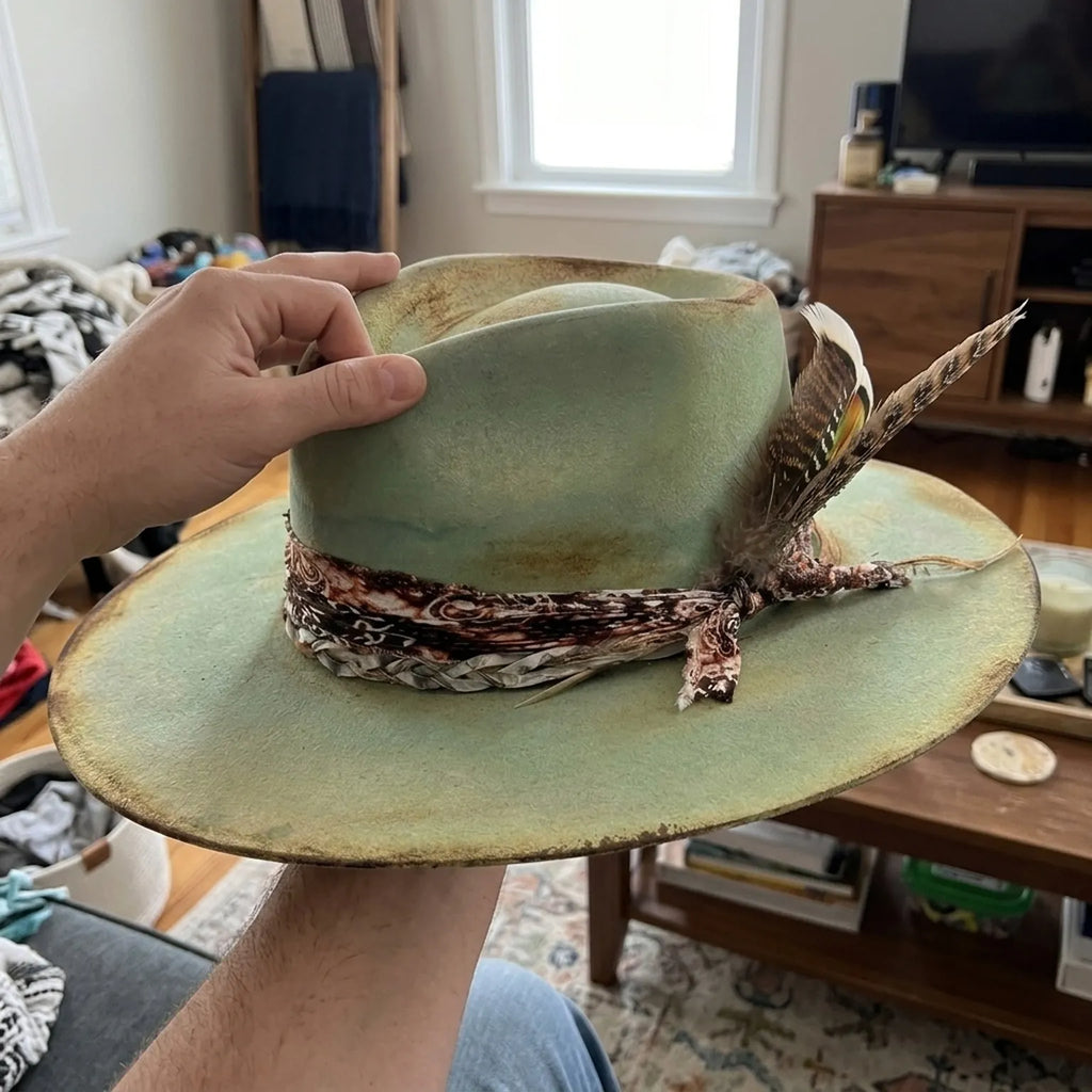 Aged Teal Fedora with Paisley Band and Natural Feather Detail