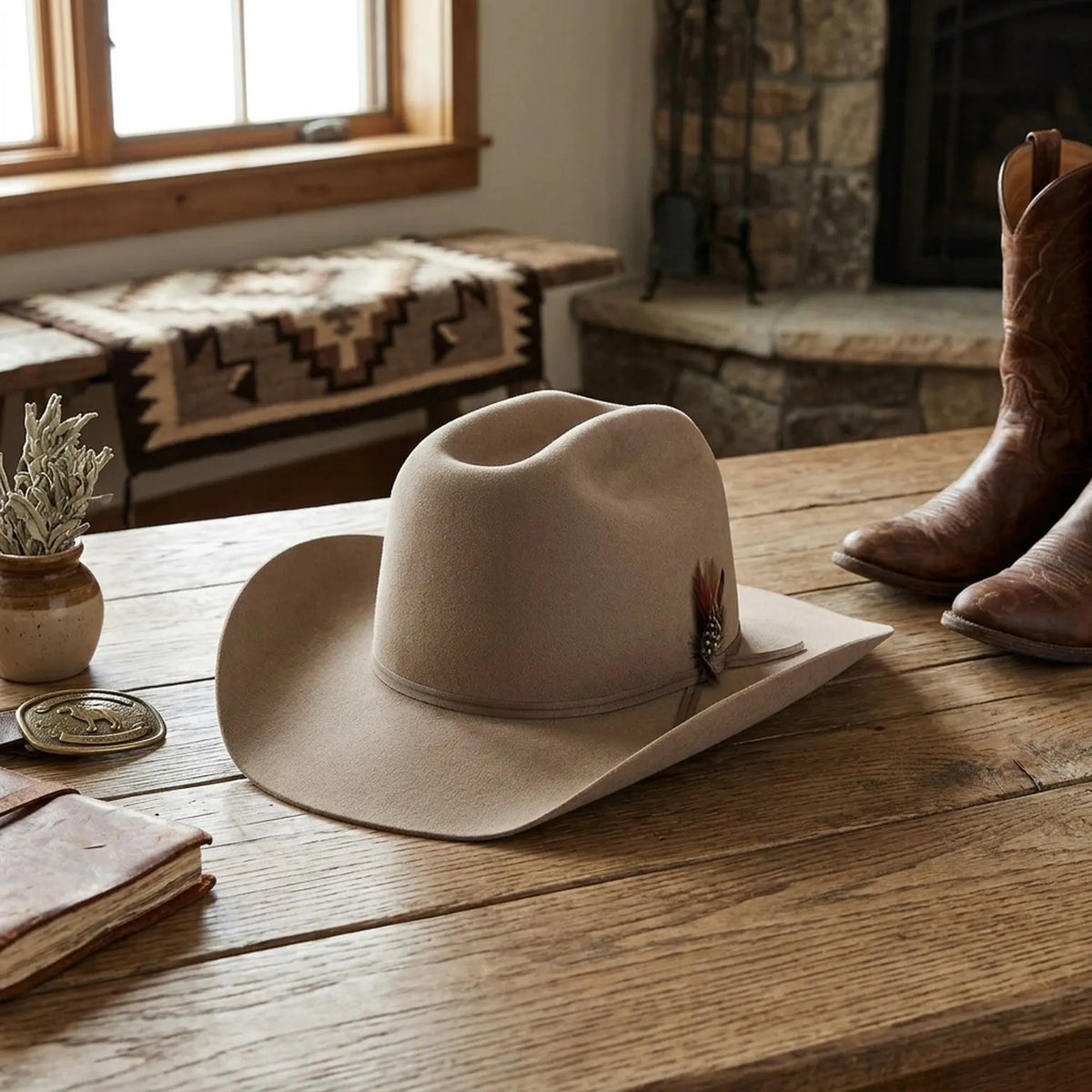 Beige Wool Felt Cowboy Hat with Feather Accent