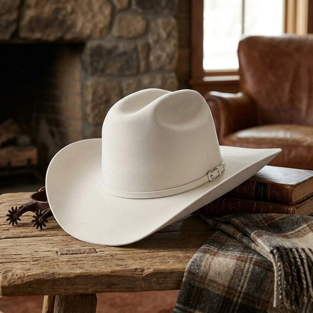 White Wool Felt Cowboy Hat with Clean Band and Pin Accent
