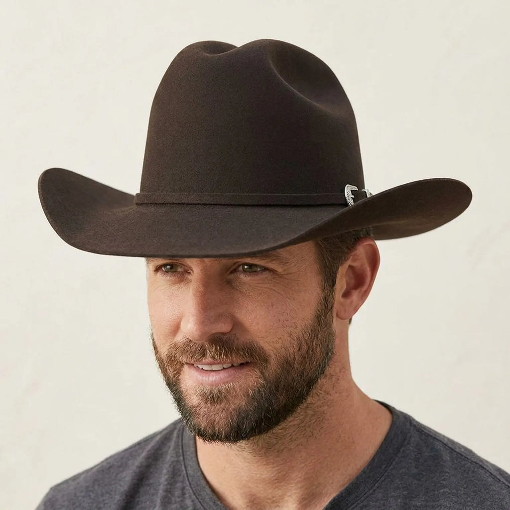 Dark Brown Felt Cowboy Hat with Pinched Crown and Curved Brim