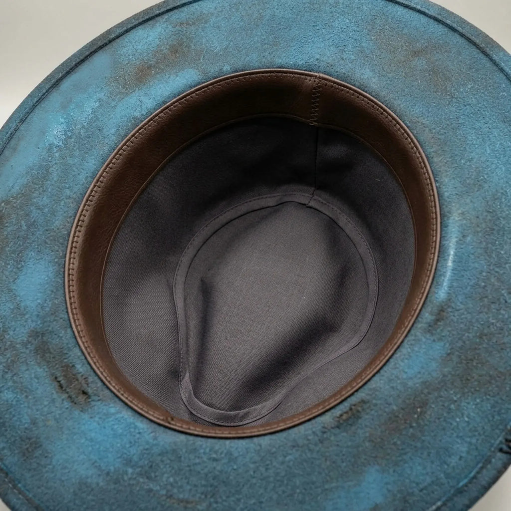Antique Blue Fedora with Floral Scarf Bow and Feather Spray