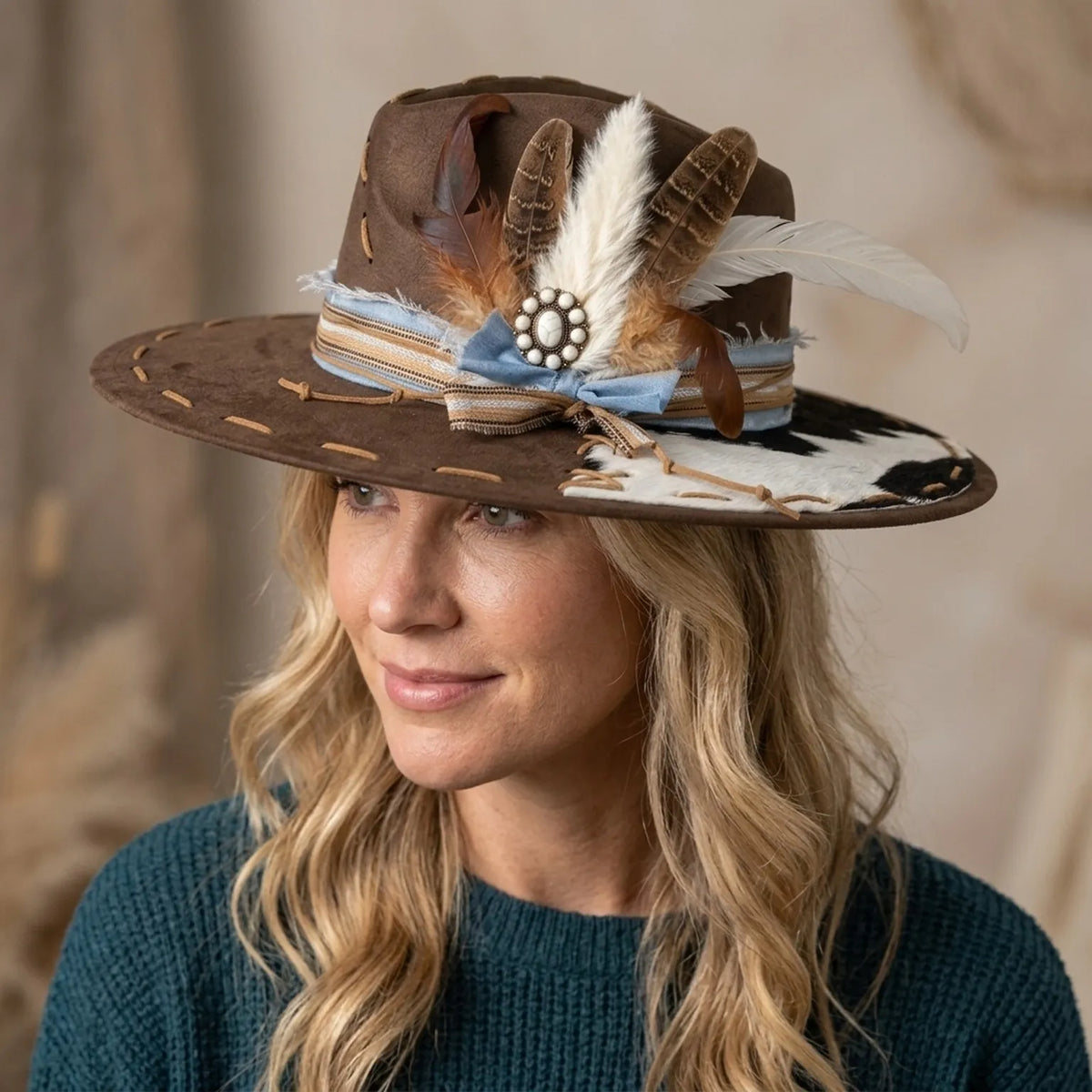 Brown Western Fedora with Cowhide Patch and Pearl Concho Detail