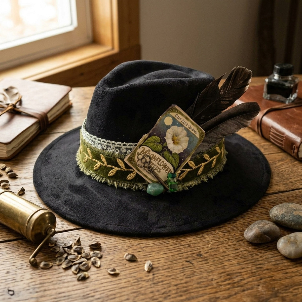 Black Fedora with Velvet Ribbon and Moonflower Seed Packet