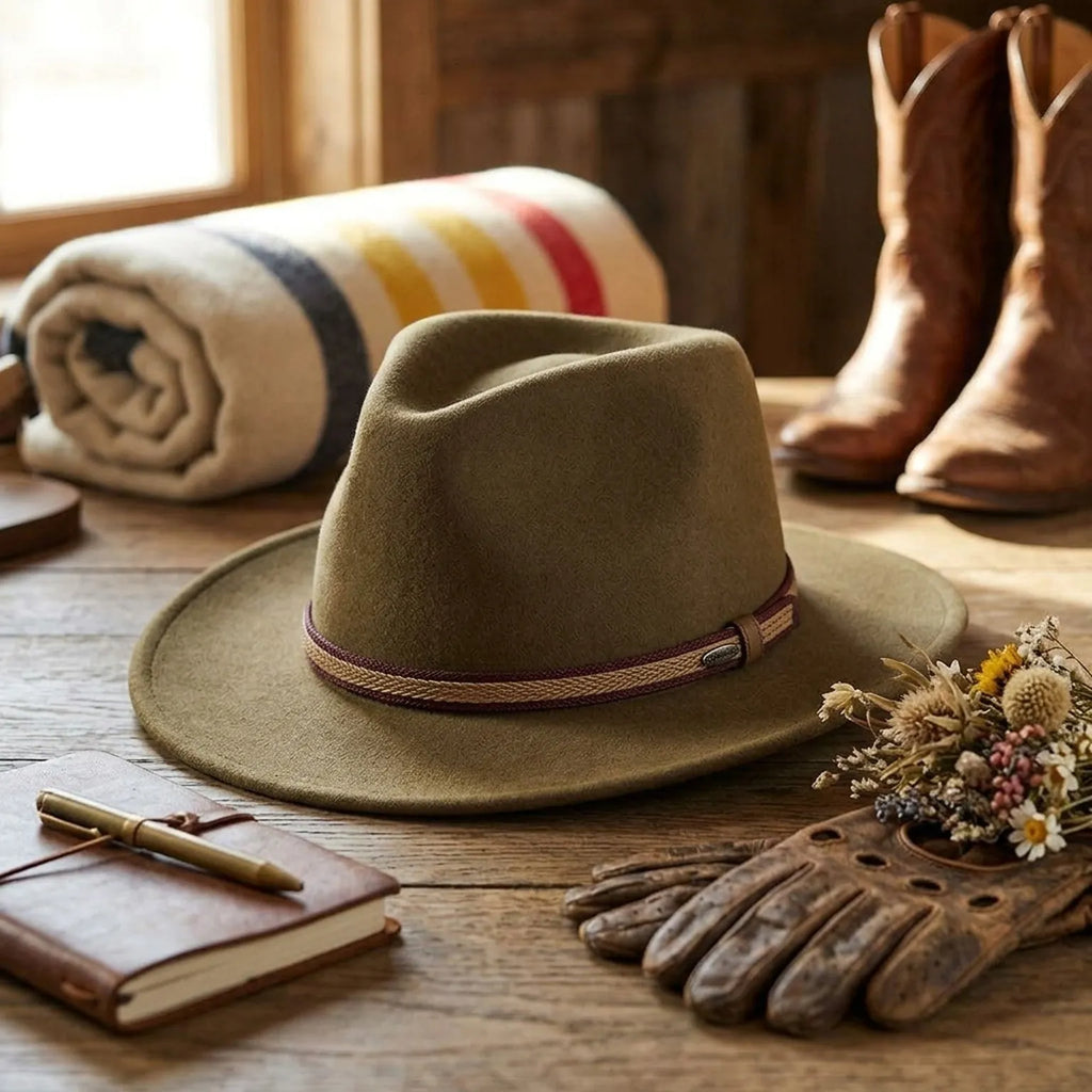 Tan Felt Fedora Hat with Leather Trim Band and Classic Pinch