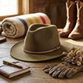 Tan Felt Fedora Hat with Leather Trim Band and Classic Pinch