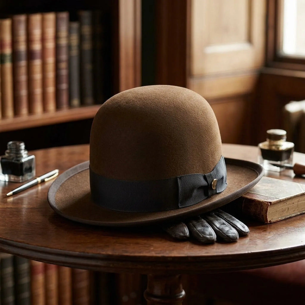 Brown Felt Bowler Hat with Rounded Crown and Grosgrain Band