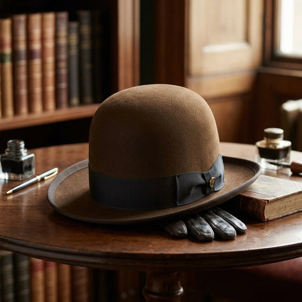 Brown Felt Bowler Hat with Rounded Crown and Grosgrain Band