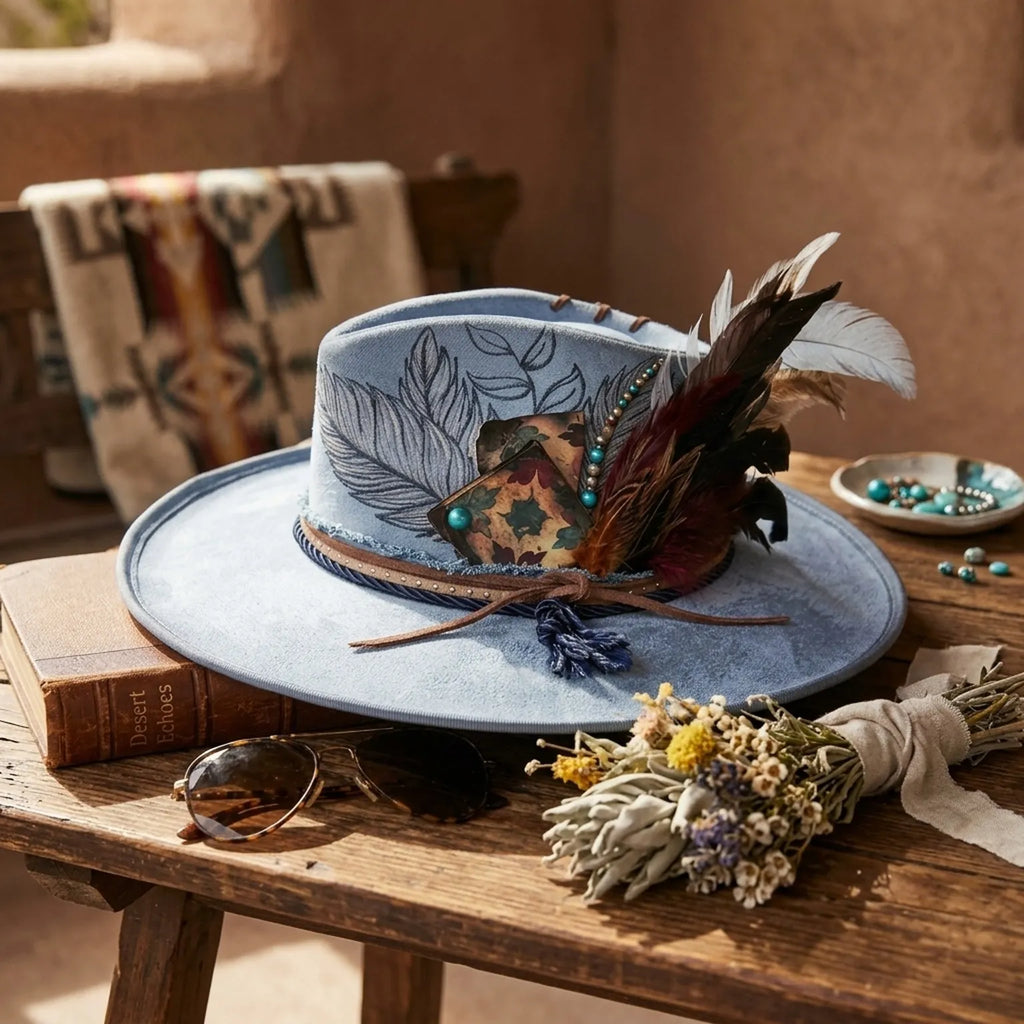 Light Blue Fedora Leaf Embroidery Feather Cluster Tassel Boho Hat