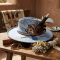 Light Blue Fedora Leaf Embroidery Feather Cluster Tassel Boho Hat