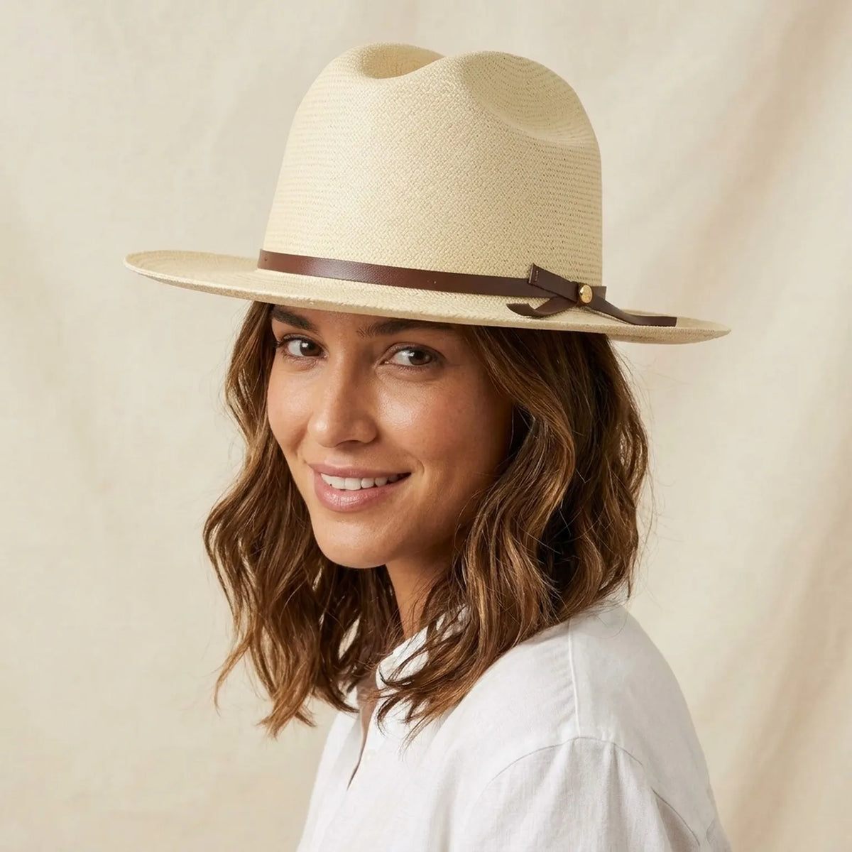 Natural Straw Fedora Hat with Brown Leather Tie Band, Sun Ready