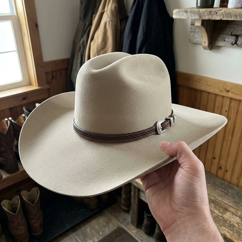 Tan Beige Felt Fedora with Woven Leather Hatband - Classic