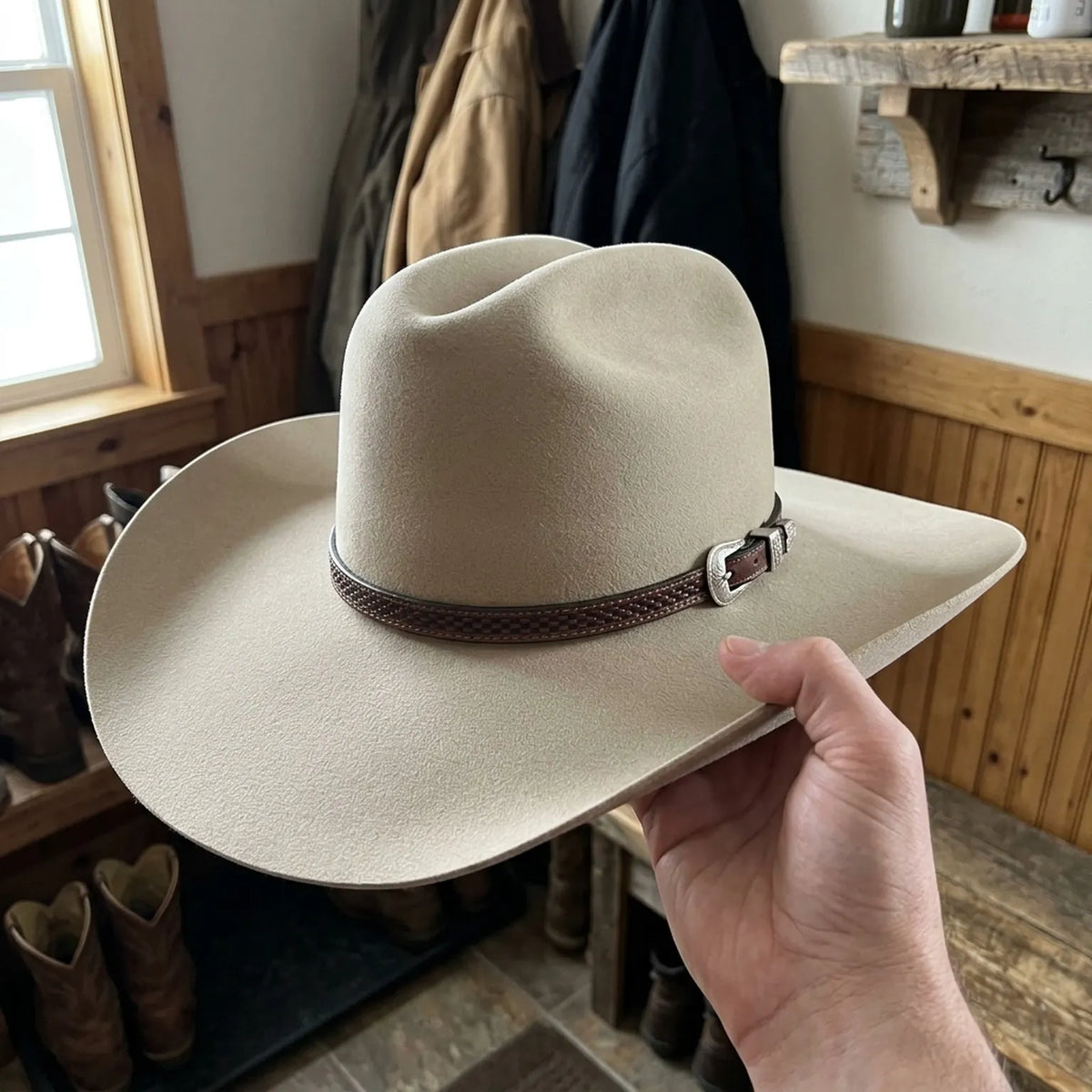 Tan Beige Felt Fedora with Woven Leather Hatband - Classic