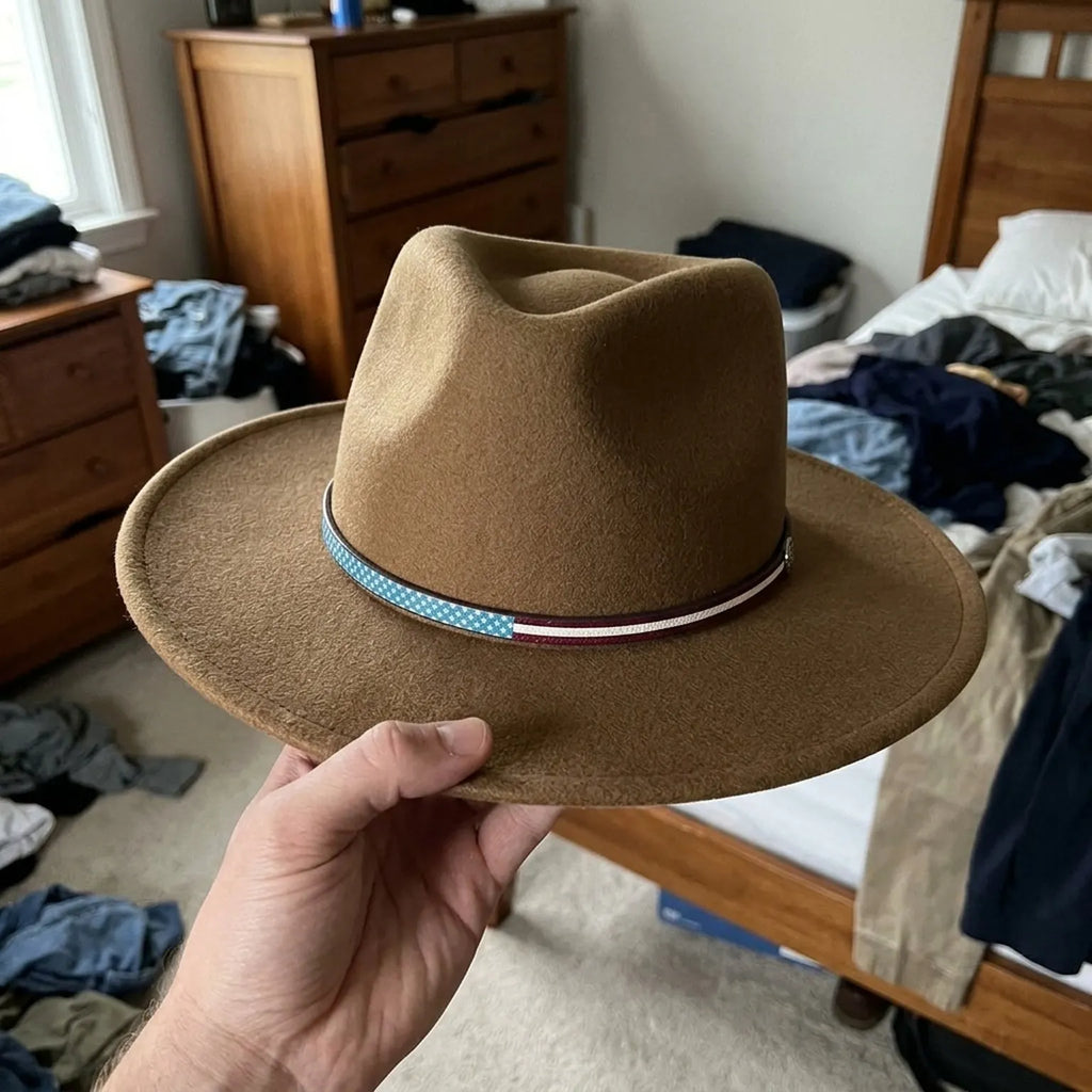 Camel Tan Felt Fedora with Turquoise Checkered Band, Festival Style