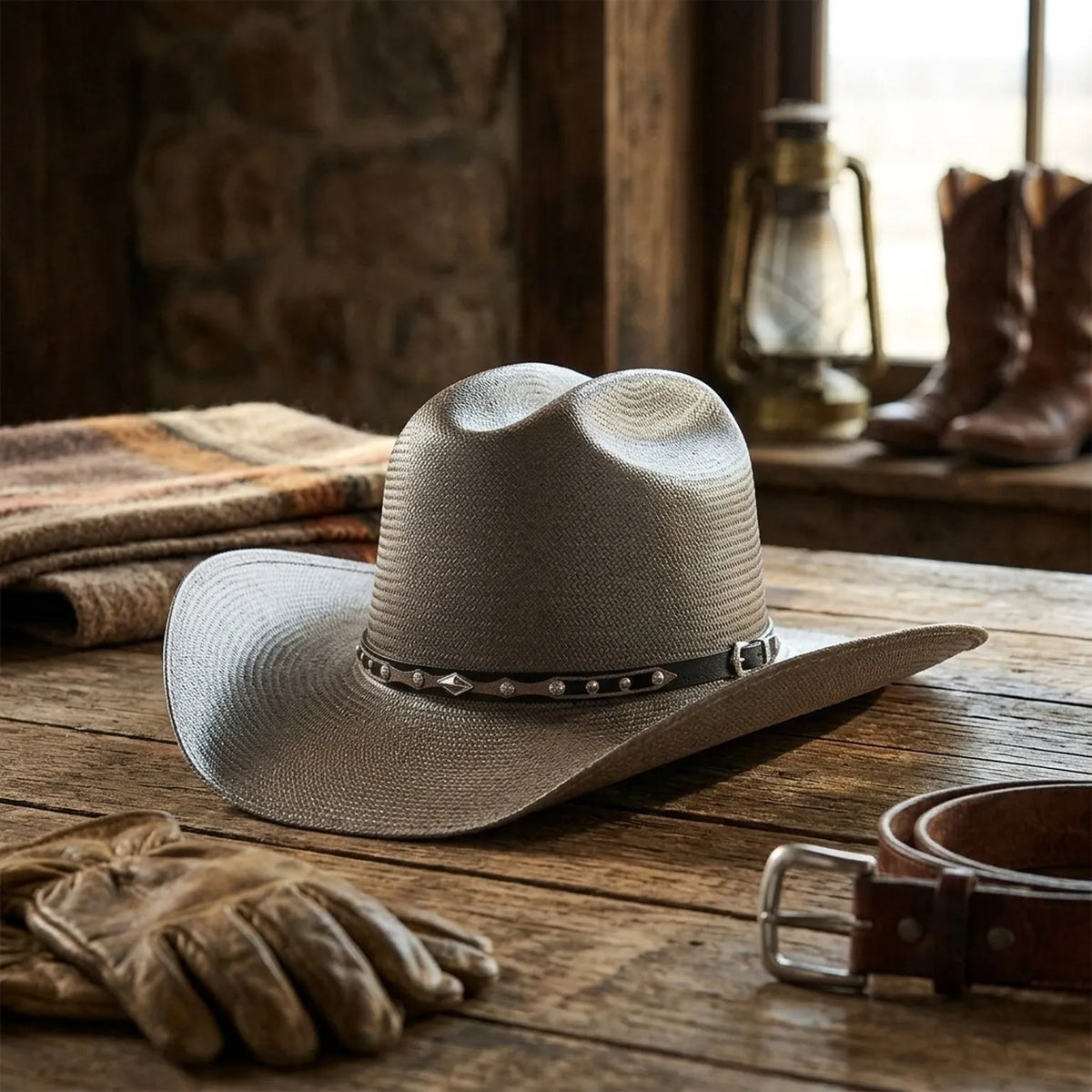 Silver Grey Straw Western Hat with Studded Decorative Band