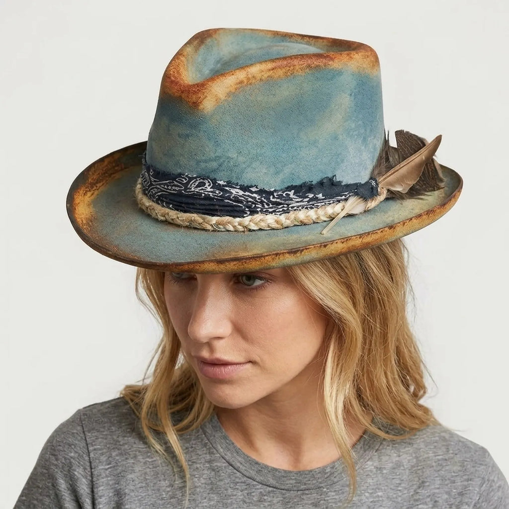 Vintage Teal Fedora with Paisley Band and Feather Detail