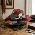 Red Black Splatter Felt Fedora with Card Feather Black Bow