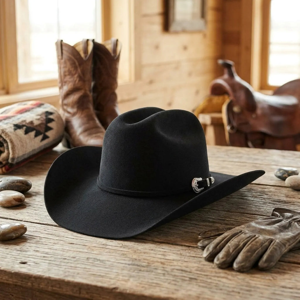 Unisex Black Wool Felt Cowboy Hat with Silver Concho Detail