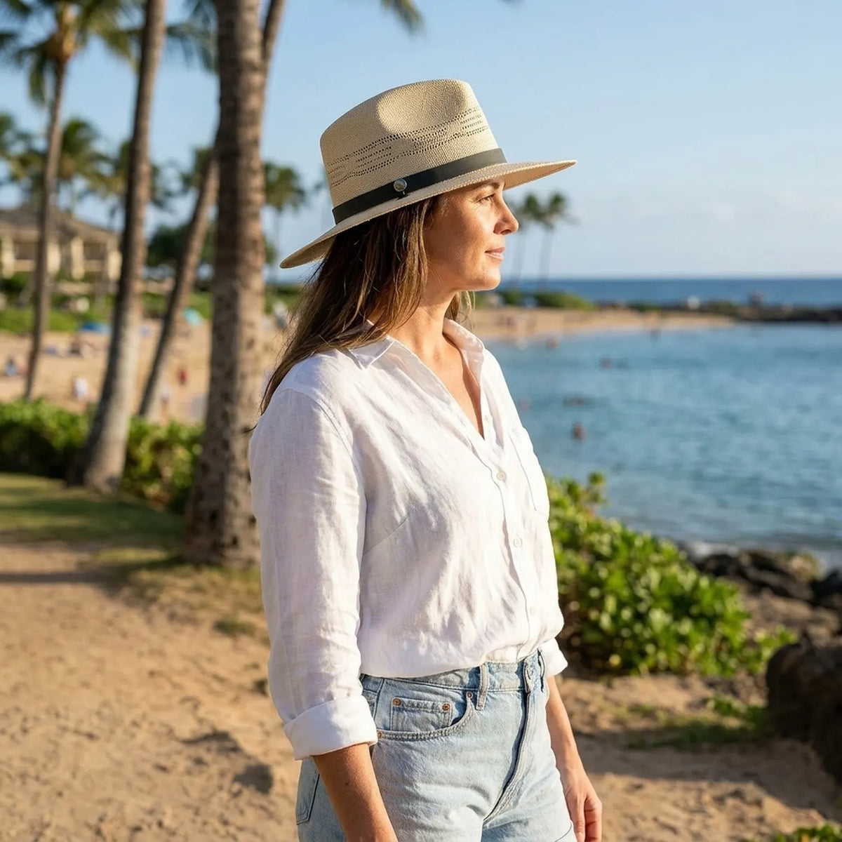 Beige Cut-Out Straw Sun Hat with Leather Band and Tassels