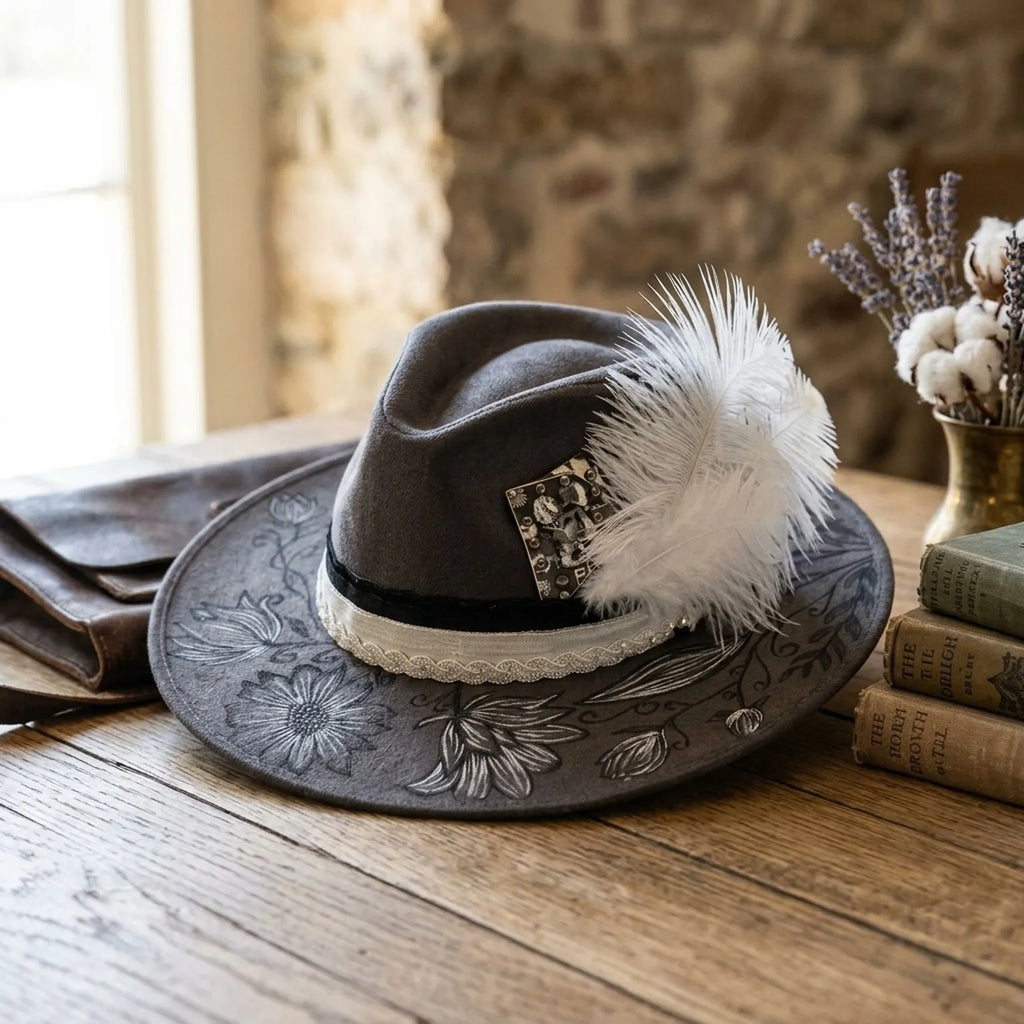 Gray Flocked Fedora Hat with Floral Brim Print and Feather