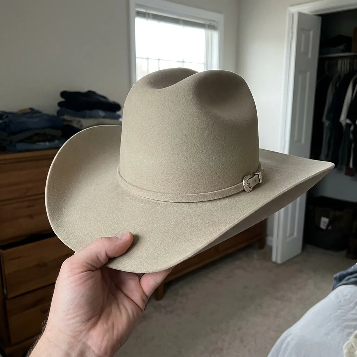 Camel Felt Cowboy Hat with Pinched Crown and Curved Brim
