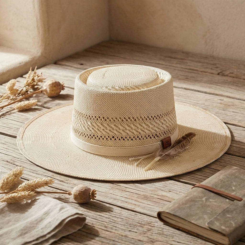 Natural Boater Straw Hat with Vented Crown and Feather