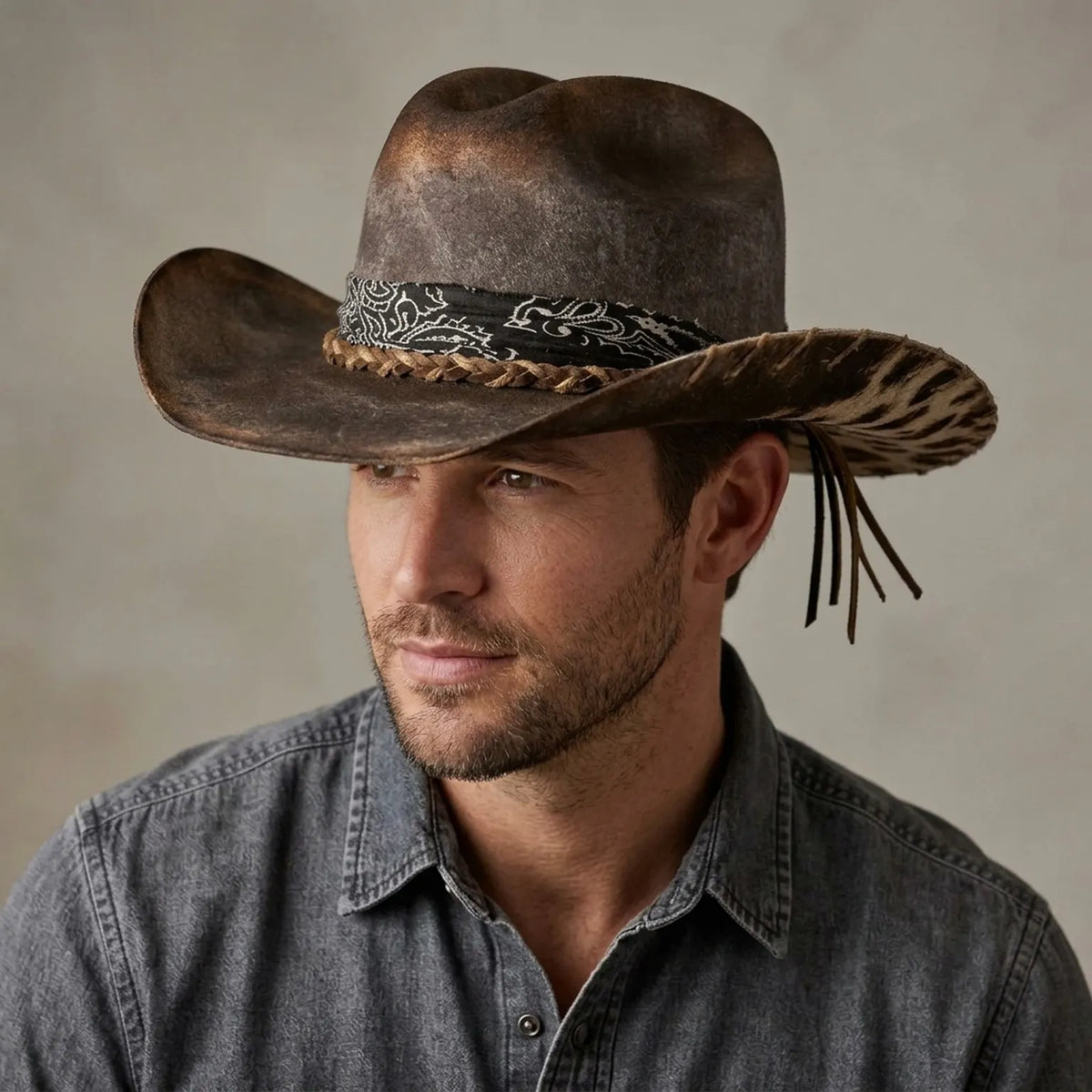 Distressed Gray Cowboy Hat with Cow Print Brim and Bandana Band