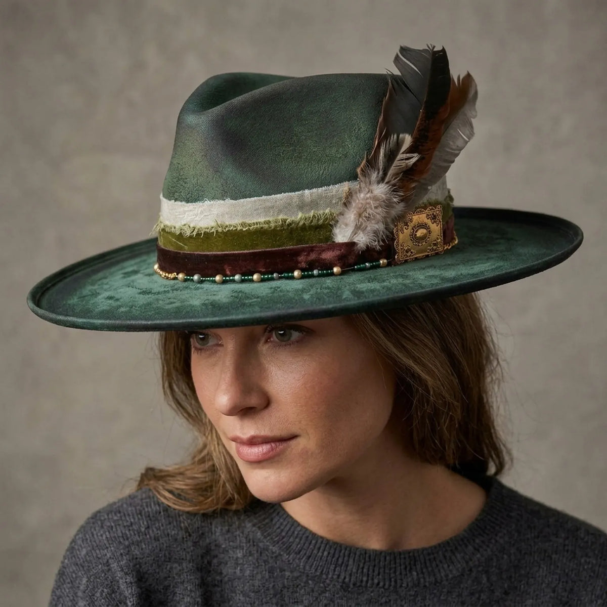 Vintage Green Velvet Wide Brim Fedora Feather Brass Medallion