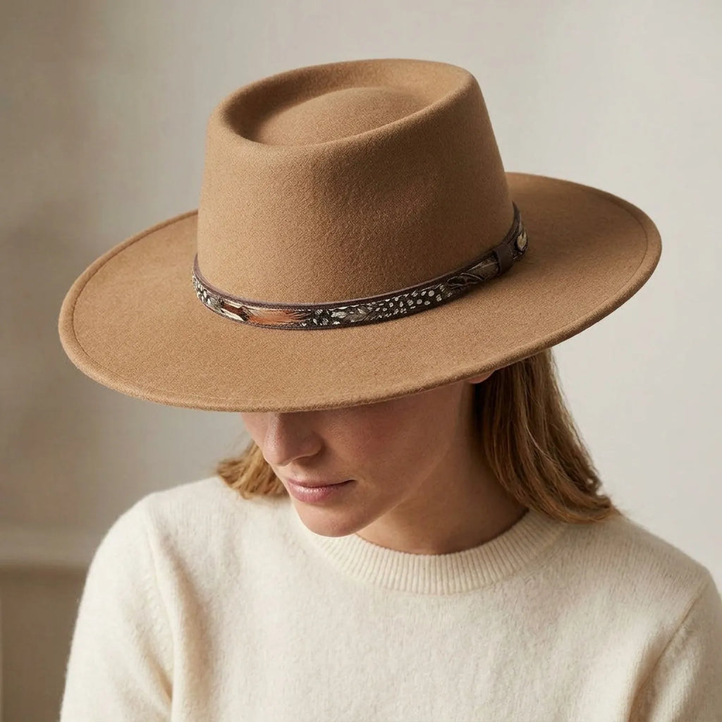 Tan Wide Brim Felt Hat with Patterned Leather Band Unisex