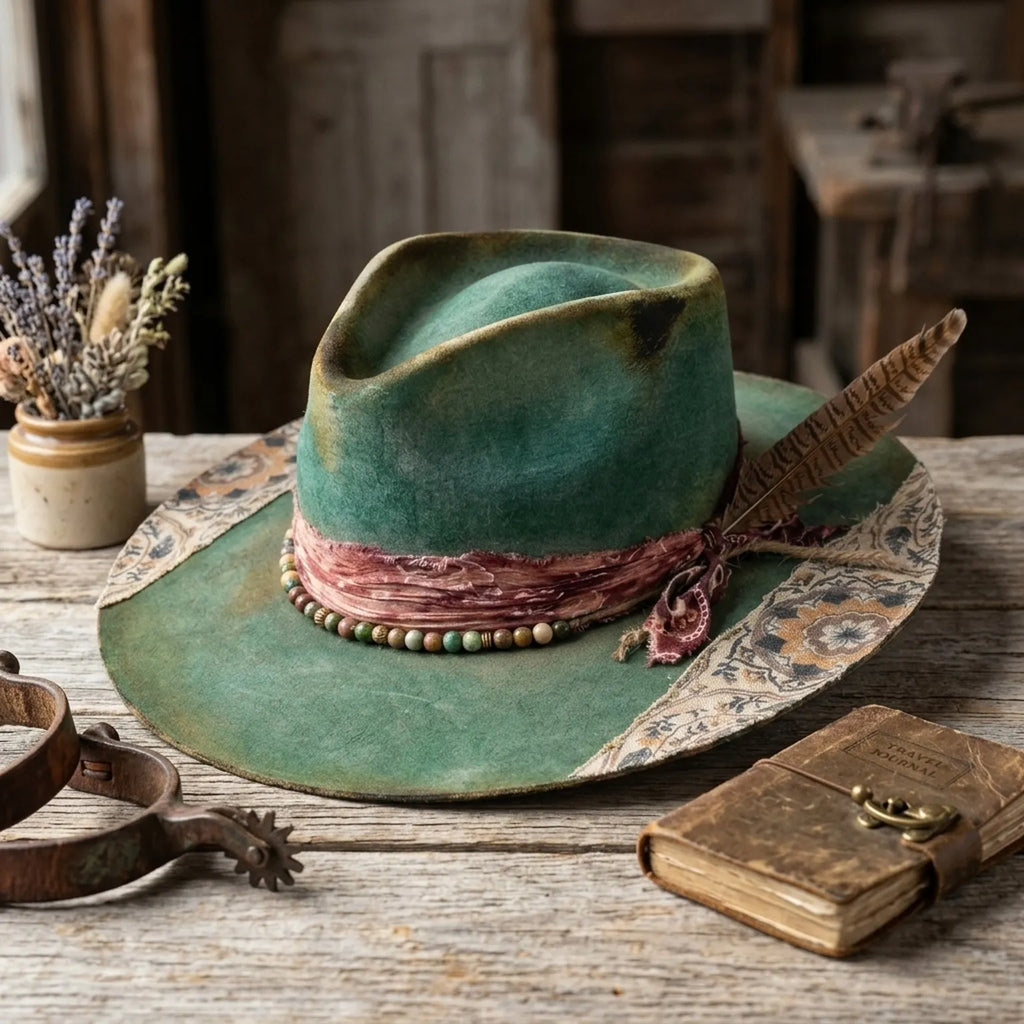 Distressed Green Felt Fedora with Floral Scarf Band and Beads