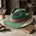 Distressed Green Felt Fedora with Floral Scarf Band and Beads