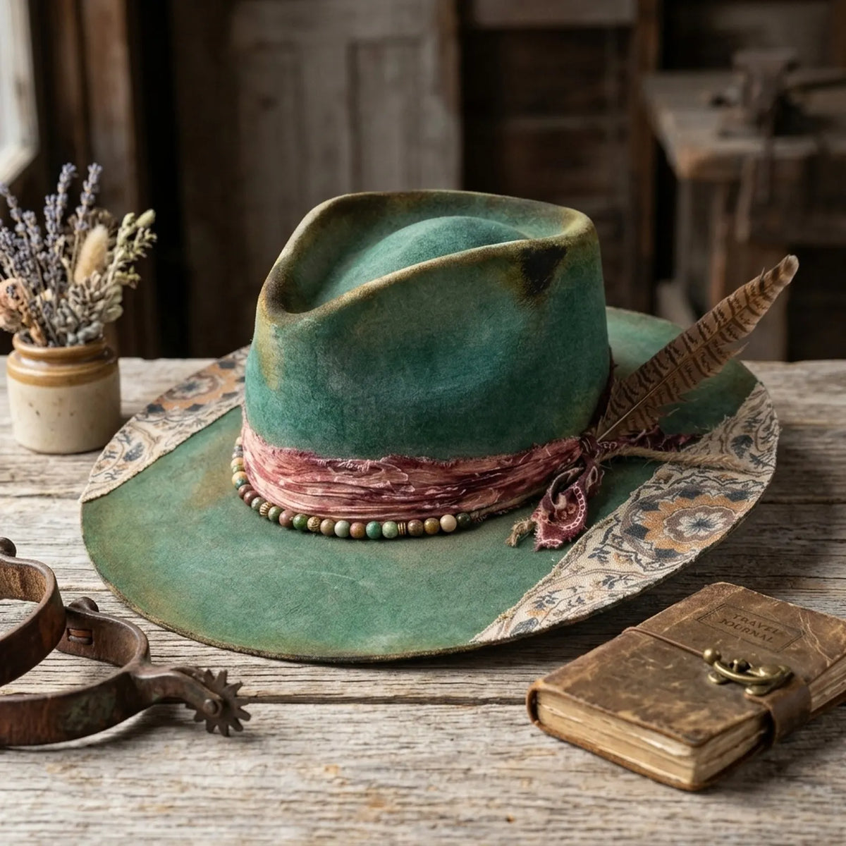 Distressed Green Felt Fedora with Floral Scarf Band and Beads
