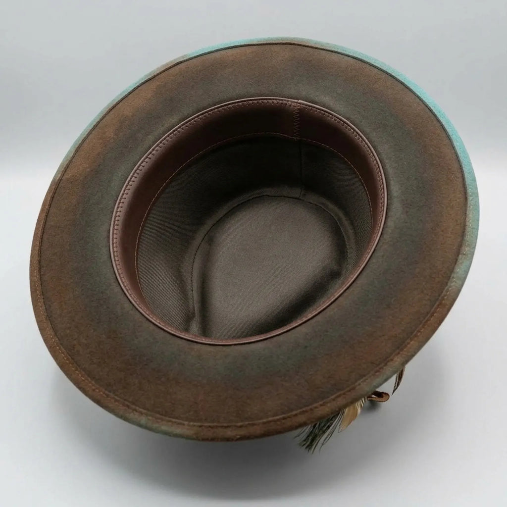 Teal Ombre Felt Western Hat Suede Band Feather Trim