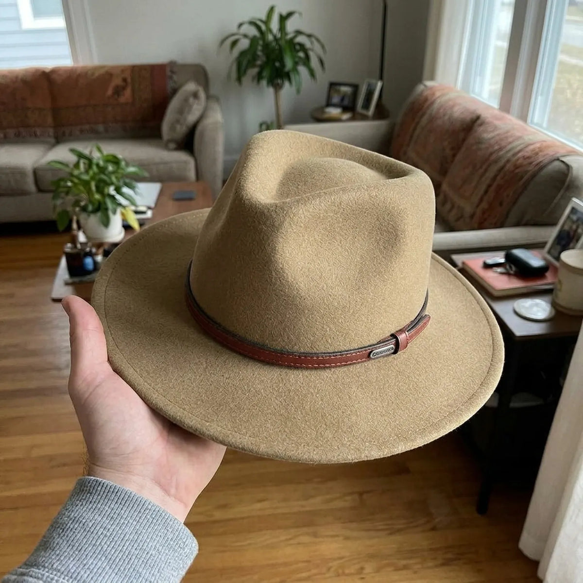 Tan Felt Fedora Hat with Leather Trim Band and Classic Pinch