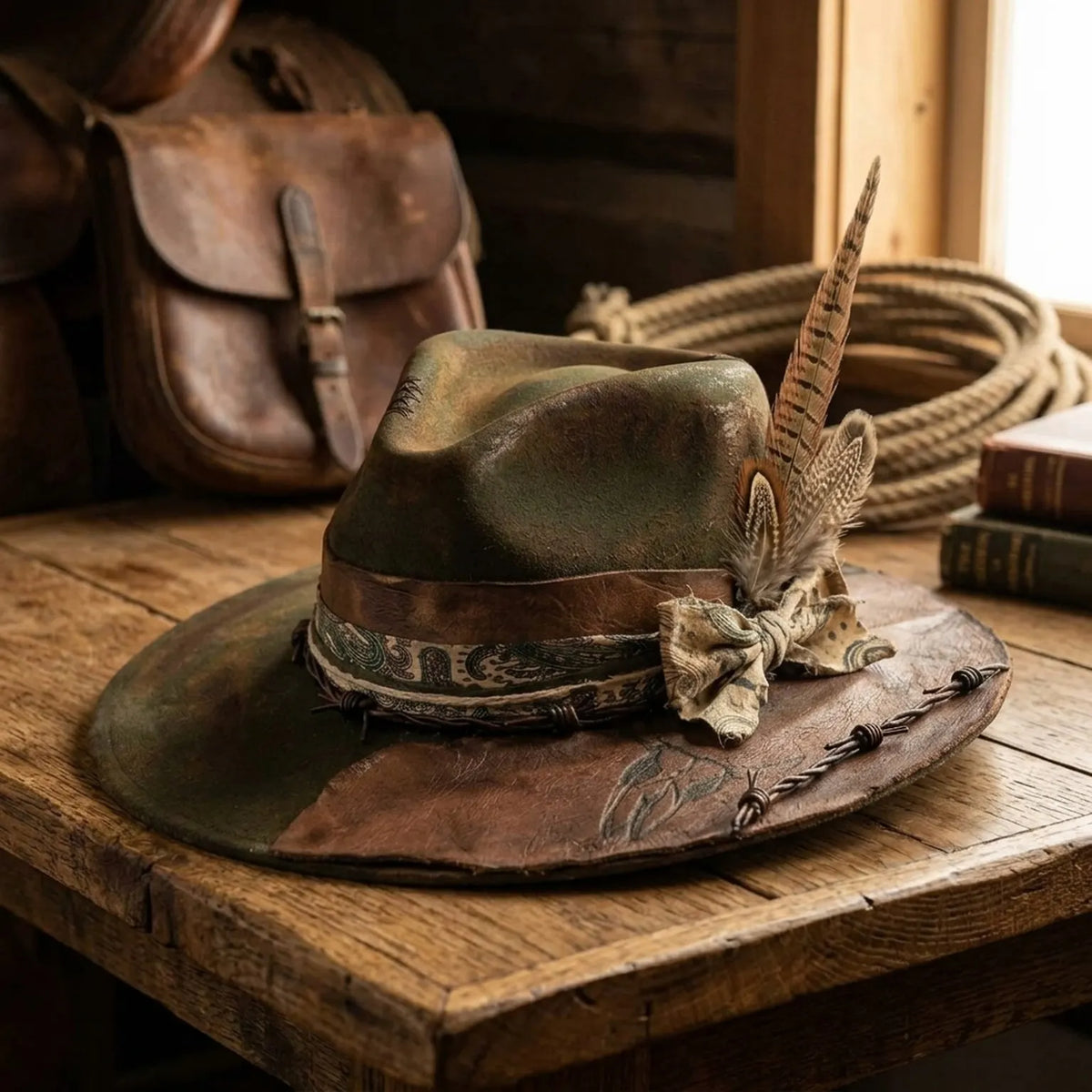 Olive Patchwork Fedora with Barbed Wire and Paisley Band