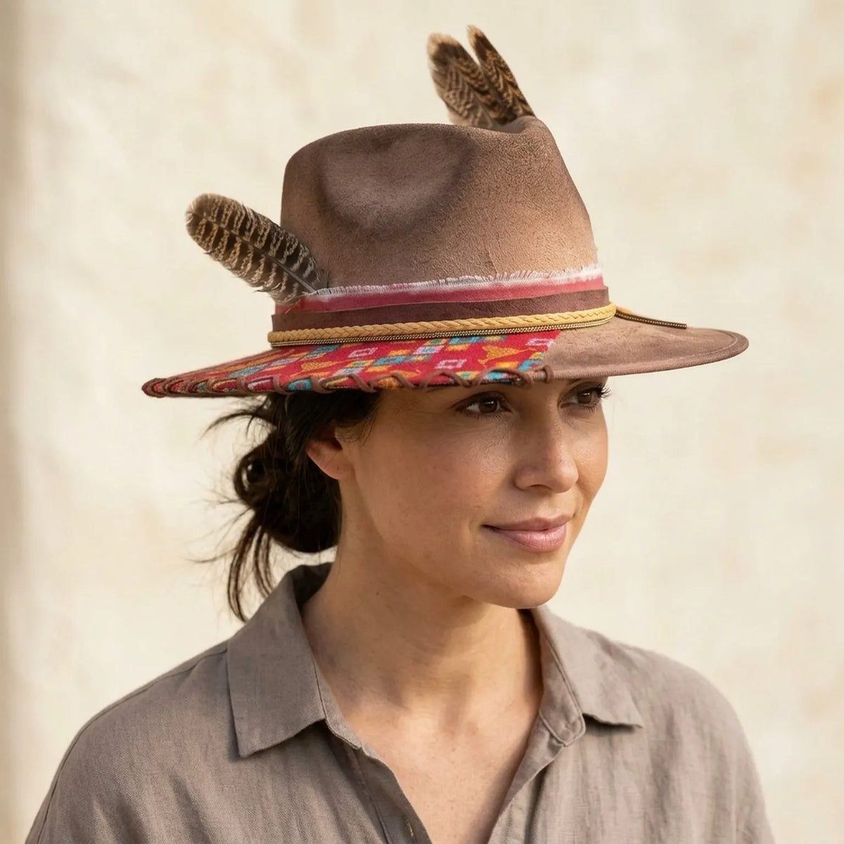 Festival Brown Fedora with Woven Patch and Feather Trim