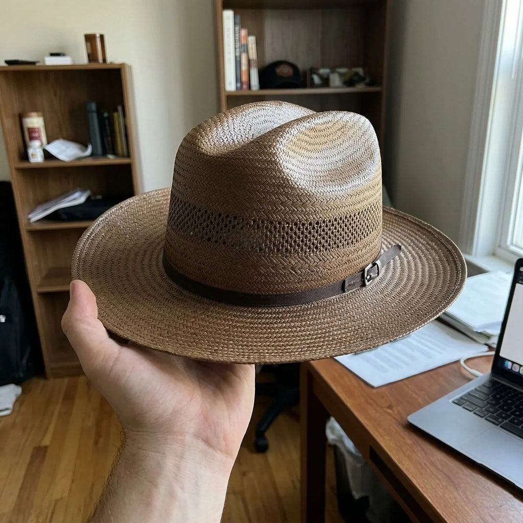 Taupe Brown Straw Fedora Hat with Dark Grosgrain Ribbon