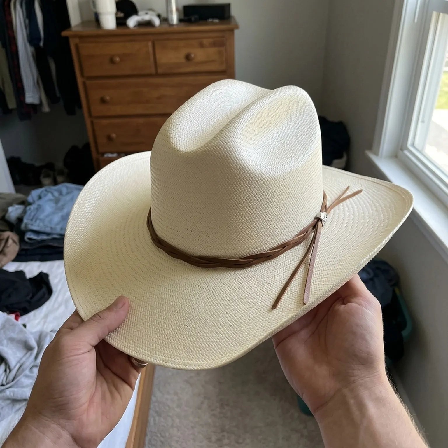 Unisex White Straw Cowboy Hat with Braided Leather Tassel Band