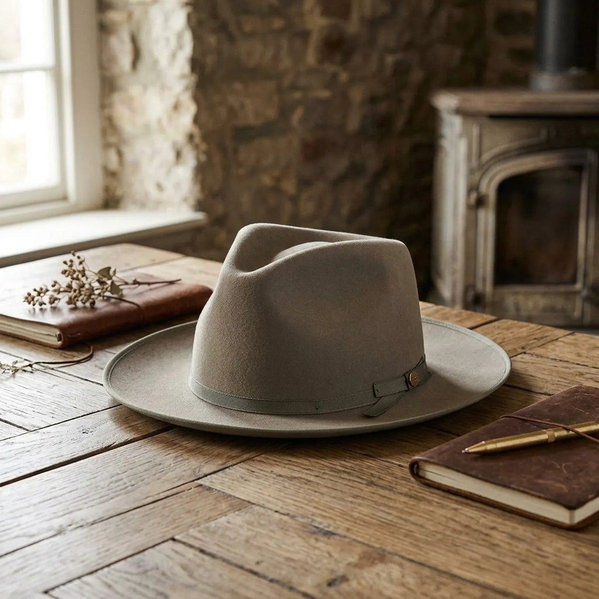 Sage Green Fedora With Wide Flat Brim and Ribbon Trim