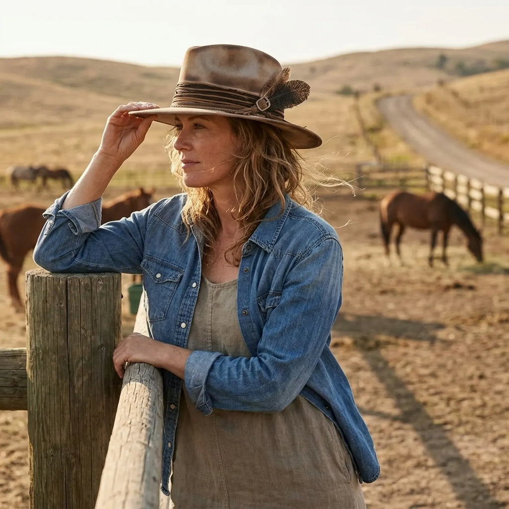 Tan Felt Fedora with Layered Leather Band, Tassel and Feathers