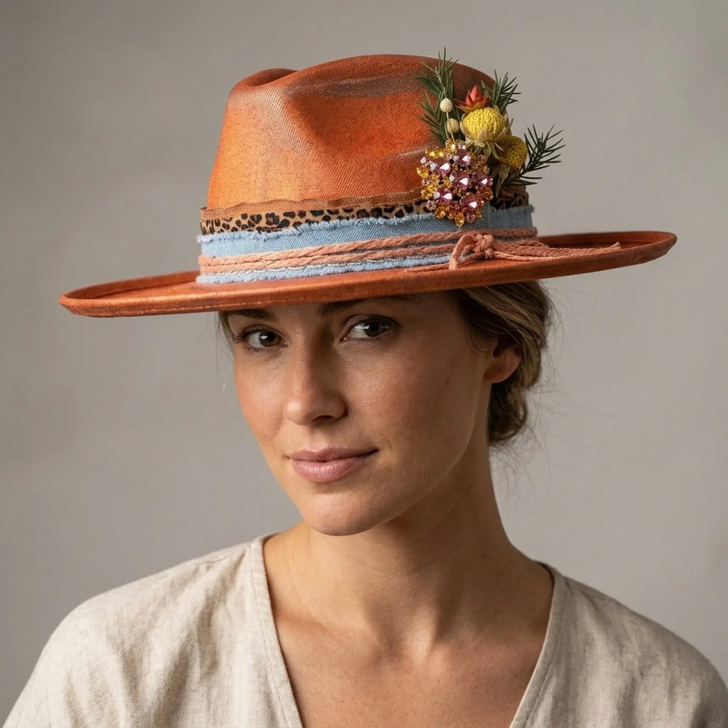 Rust Orange Felt Fedora Denim Burlap Layer Jeweled Brooch