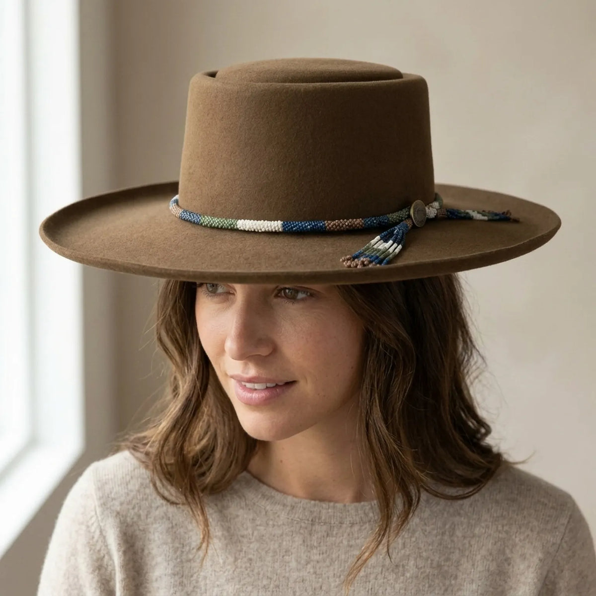 Brown Wool Felt Western Hat with Beaded Band and Brim