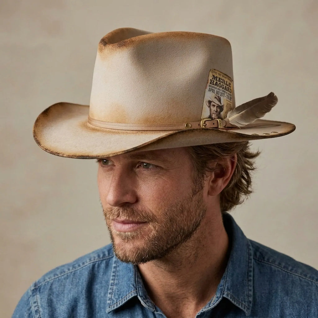 Distressed Beige Western Hat With Vintage Poster And Feather