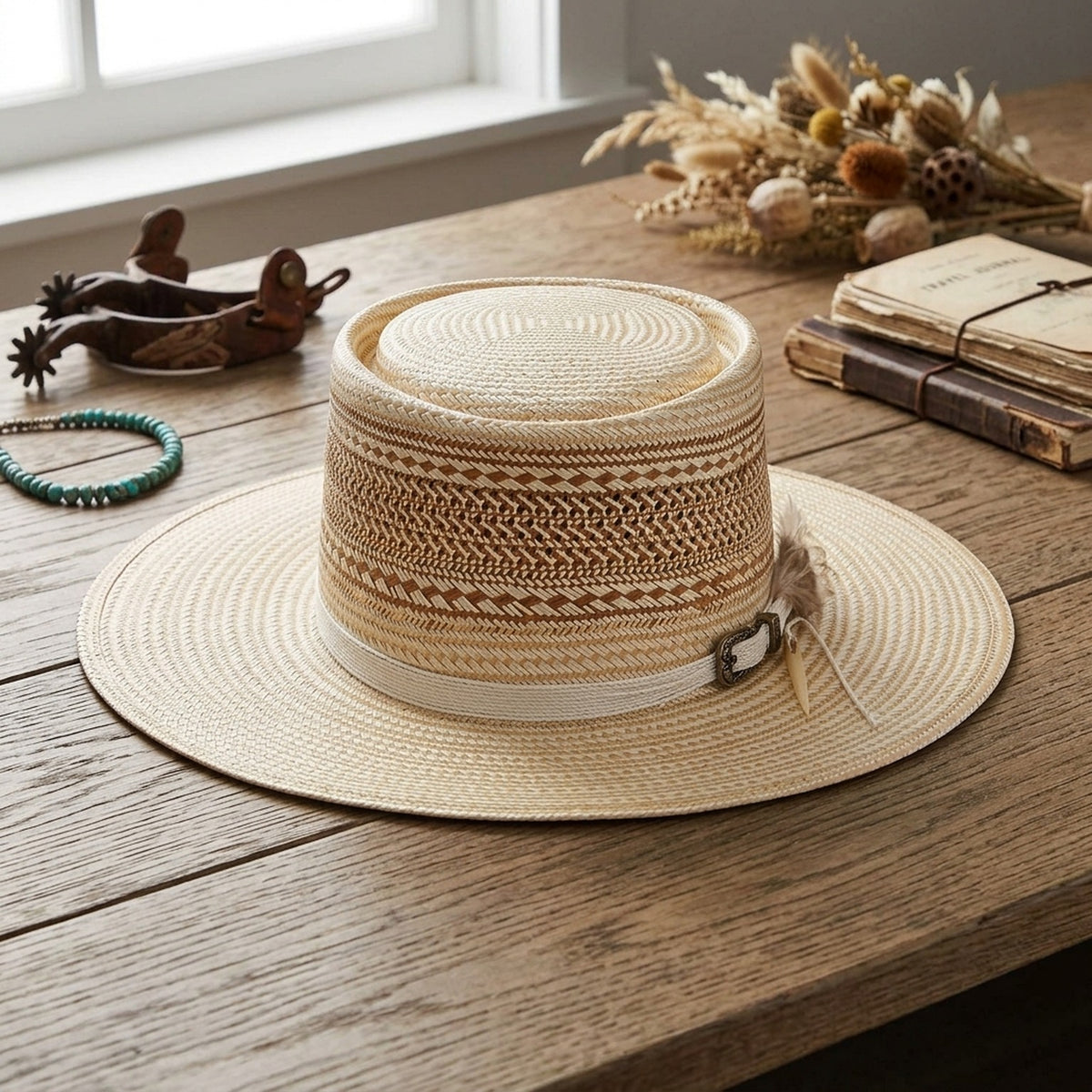 Natural Straw Boater Hat with Striped Weave and Flat Top Crown