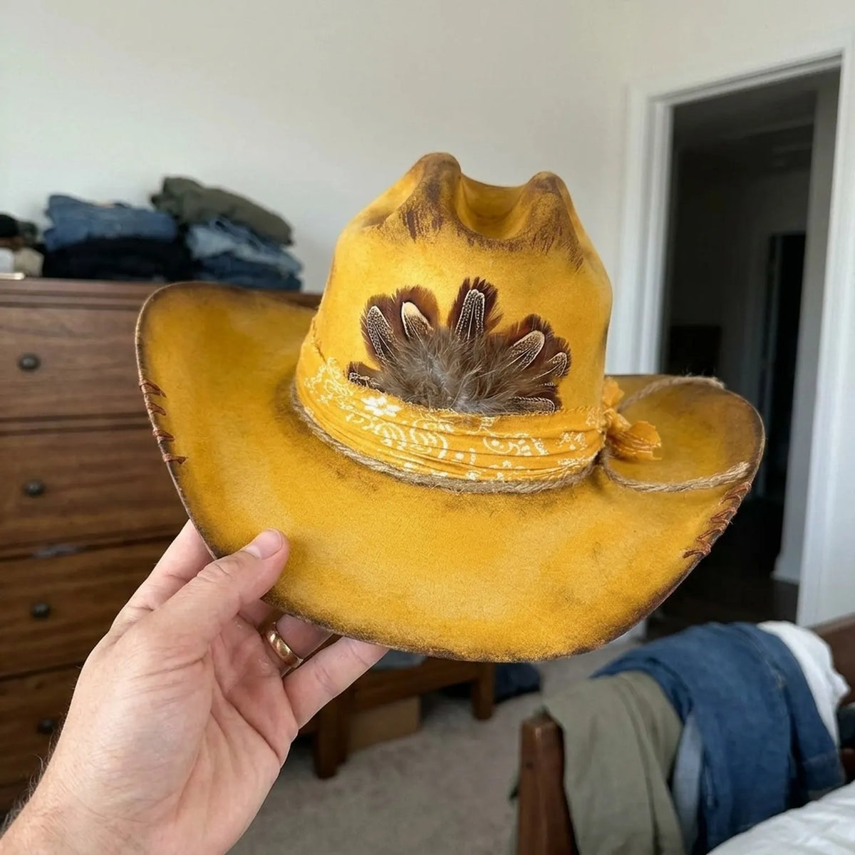 Mustard Felt Cowboy Hat with Paisley Band and Feather