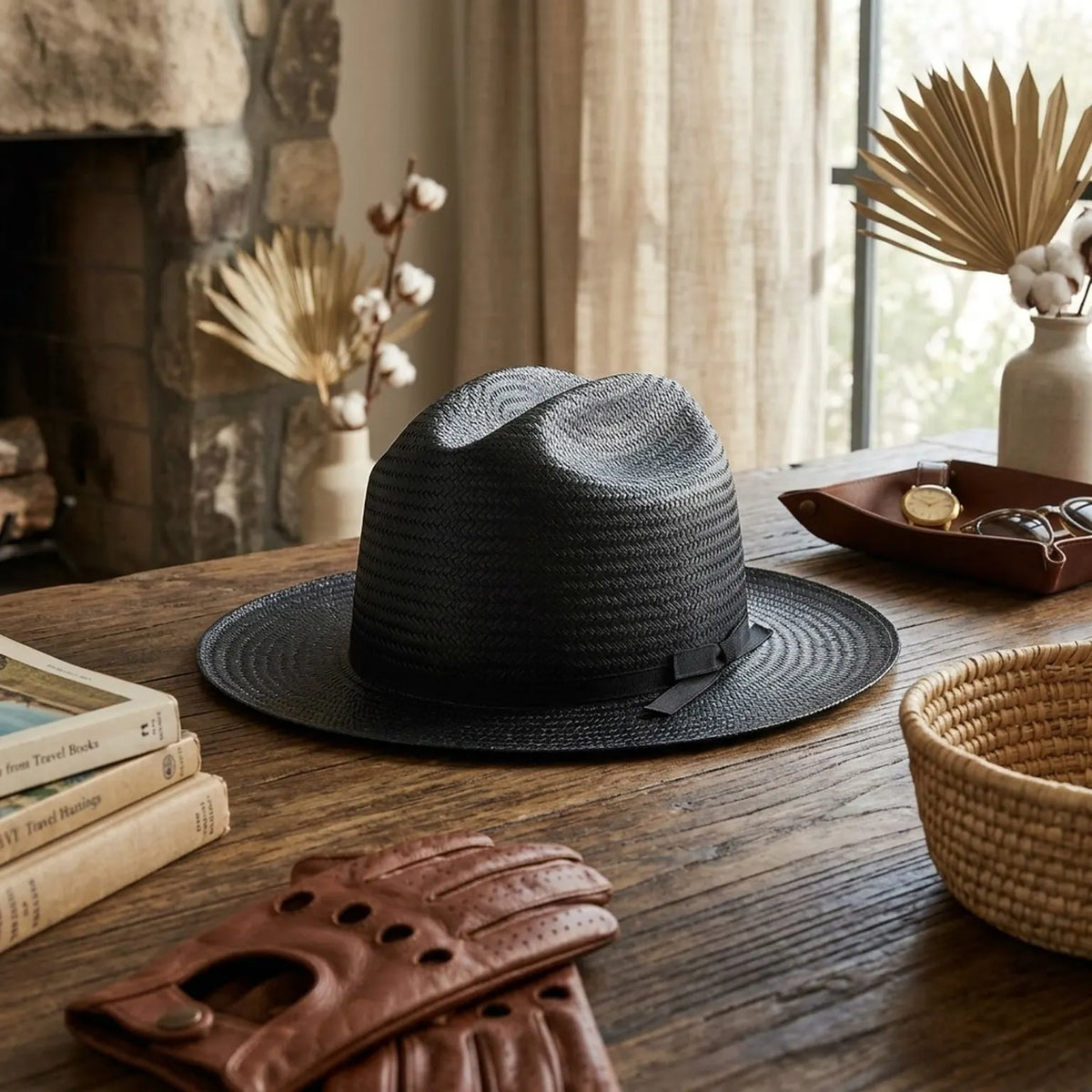 Black Straw Fedora with Ribbon Band for Summer Evening Style