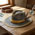 Grey Felt Fedora with Yellow Band and Barred Feathers
