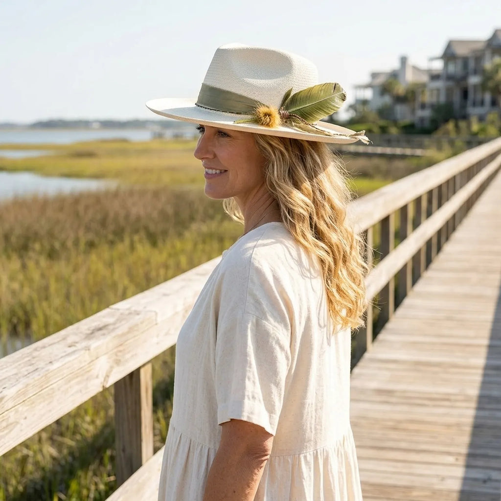 White Straw Panama Hat with Feather and Beads