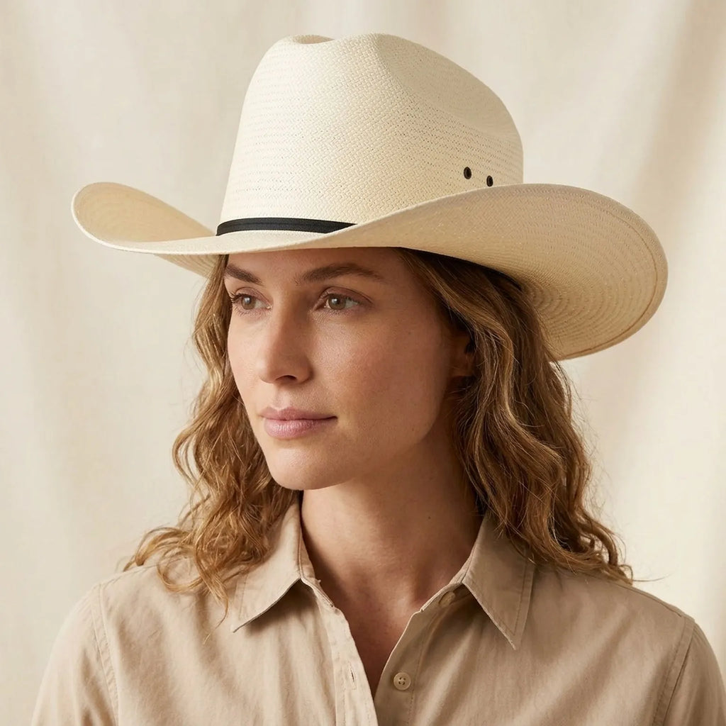 Ivory Straw Cowboy Hat with Black Ribbon Band and Side Bow
