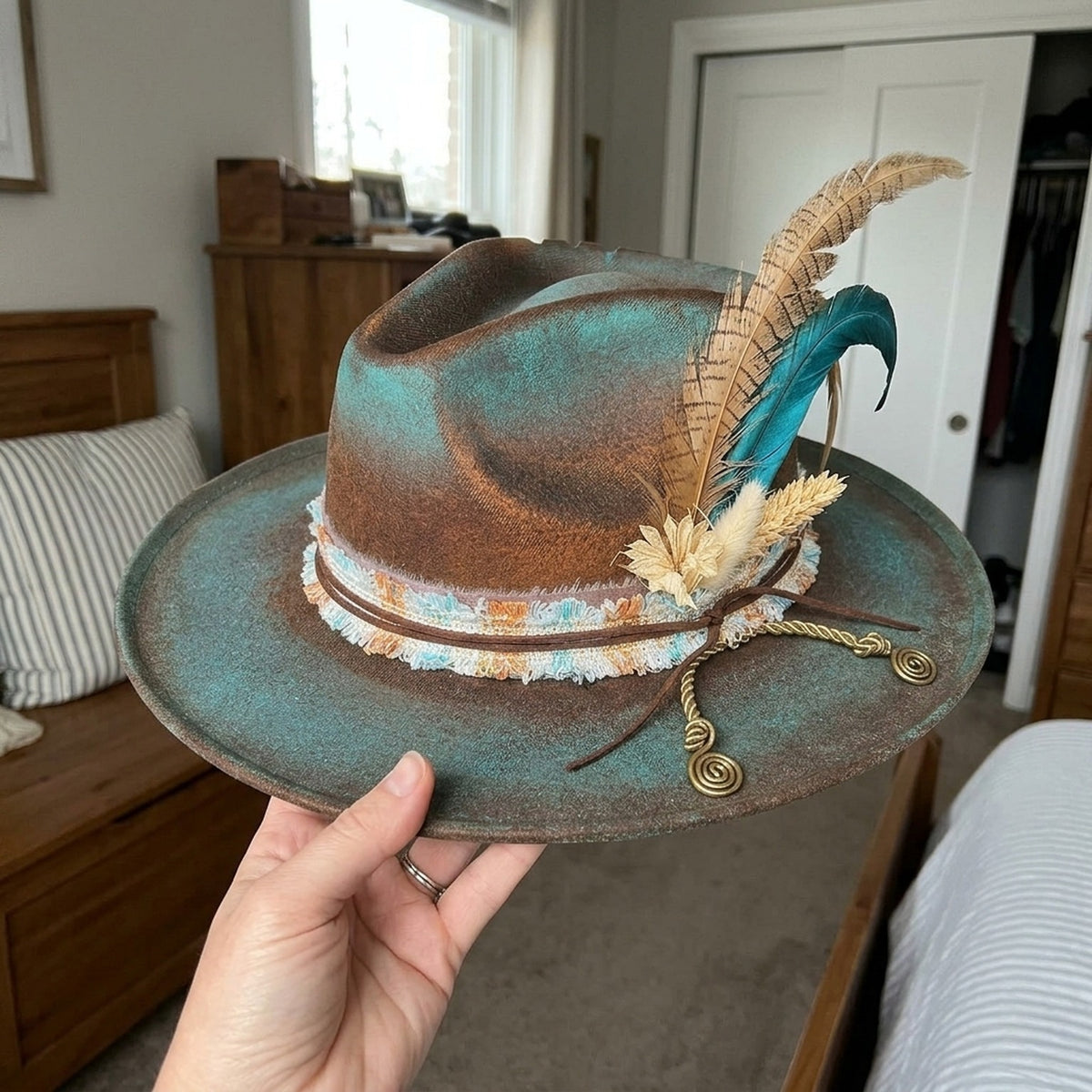 Distressed Brown Teal Two-Tone Felt Fedora with Feather Cluster