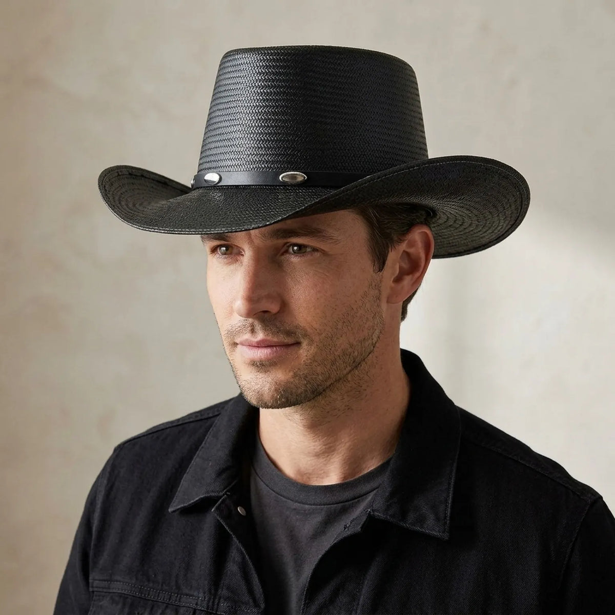Black Straw Western Hat with Silver Conchos and Brim
